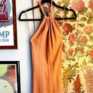 Ribbed Dress - Salmon / Peachy Tie Halter Ribbed Maxi Dress with Slit